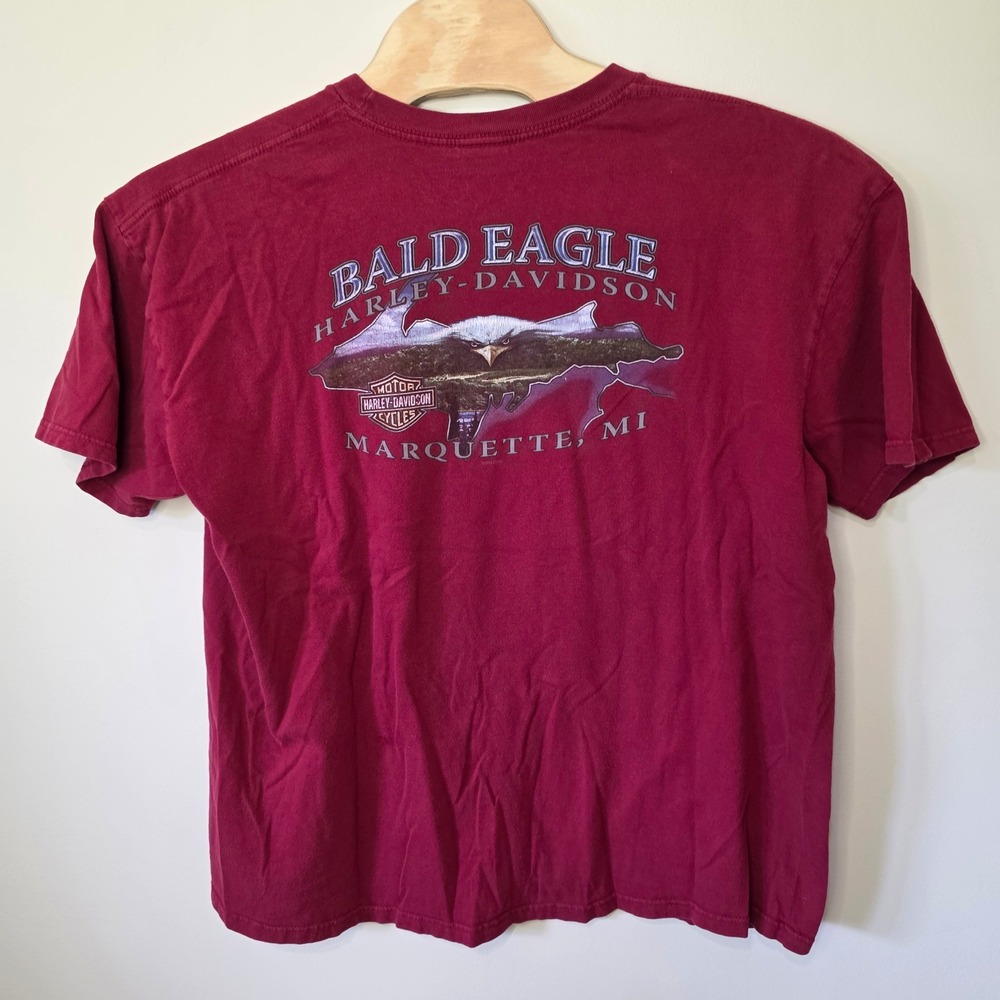 Harley Davidson T-Shirt Mens 2XL Maroon Skull Flame Bald Eagle Marquette MI 2012 - Picture 8 of 11